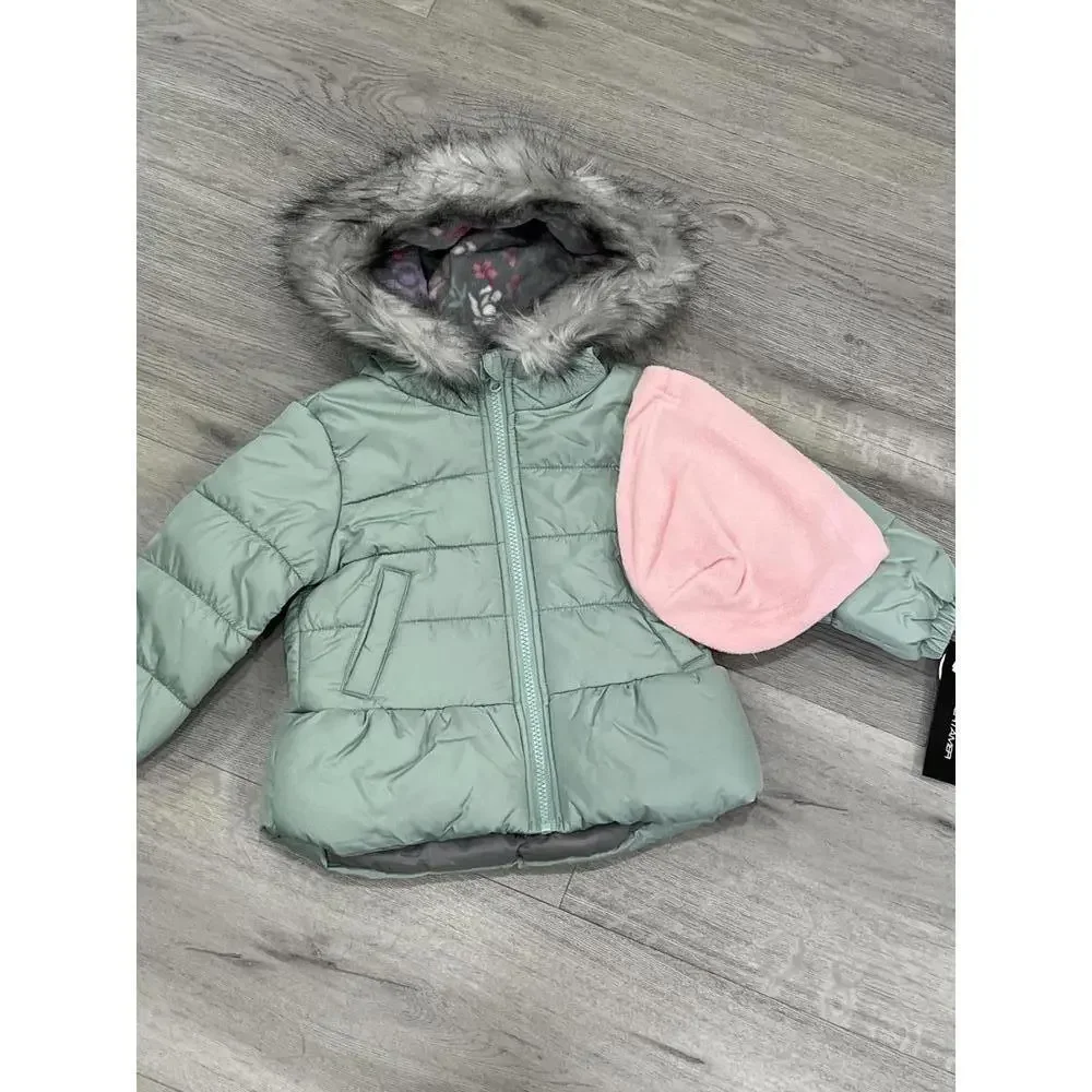 Weathertamer Little Girls Solid with Faux Fur Trim Jacket and Fleece Beanie Set